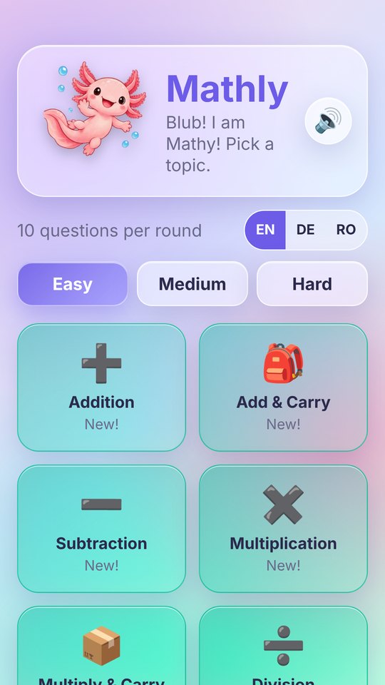 Mathly home screen with topics