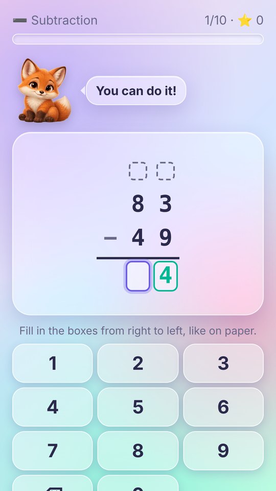 Written subtraction with boxes for each digit